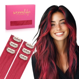 WENNALIFE Red Clip in Hair Extensions Real Human Hair 30g 6pcs 18 Inch Colored Hair Extensions for Kids Women Colorful Hair Pieces Pop-up Style Straight Extensiones De Cabello Humano Con Clip
