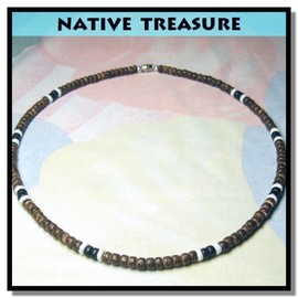 Native Treasure 19" Mens and Womens Tropical Summer Beach Necklace From the Philippines, Brown Coconut Beads and White Ark Shells