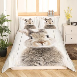 Brown Rabbit Duvet Cover Rustic Farmhouse Wooden Background Bedding Set Single Cute Woodland Animal Comforter Cover For Kids Girls,Wild Bunnies Quilt Cover With Zipper 2 Pcs