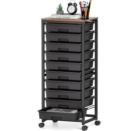 SYKIARIOL Rolling Cart with Drawers,10 Drawer Rolling Cart,Storage Cart,Utility Cart,Teacher Cart for Classroom Storage,Craft Cart with Wheels and Wooden Tabletop,Black