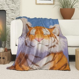 VOPNXLT Happy Tiger Face Blanket, Soft Cozy Lightweight Smiling Cartoon Tiger Throw Blanket for Women Boys Girls Kids, Sofa Couch Bed 50x60 Inch Flannel Jungle Animal Blankets for Travel Decor Gifts