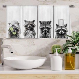 ChenCraty Funny Raccoon Hand Towels Set of 4, Raccoon Bathroom Decor, Vintage Trash Panda Hand Towels for Kids Bathroom Washroom, 16x24 Inch