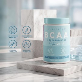 Pure Form BCAA + Electrolitos – BCAA Suplemento en polvo con Electrolitos y Aminoácidos Esenciales de Cadena Ramificada para Rehidratacion Saludable Bebida Hidratante en Polvo 207 gramos 30 porciones