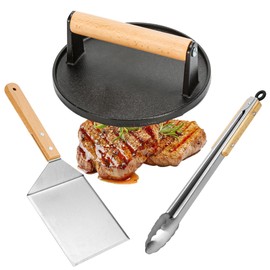 Eoufore Smash Hamburger Press Kit,Around Burger Press,Hamburger Spatula and Stainless Steel Tongs with Wooden Handle,Heavy-Duty Cast Iron Grill Press for Bacon, Hamburgers, Eggs, Sandwiches,Steak