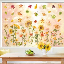 decalmile Summer Fall Flowers Double Sided Window Clings Sunflower Maple Leaves Window Decals Anti-Collision Glass Window Doors Window Stickers