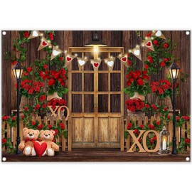 Luminora Fabric 7x5ft Rustic Wooden Valentine's Day Photography Backdrop Red Rose Barn Door Love Heart Flags Background Bridal Shower Wedding Party Decor Photo Banner