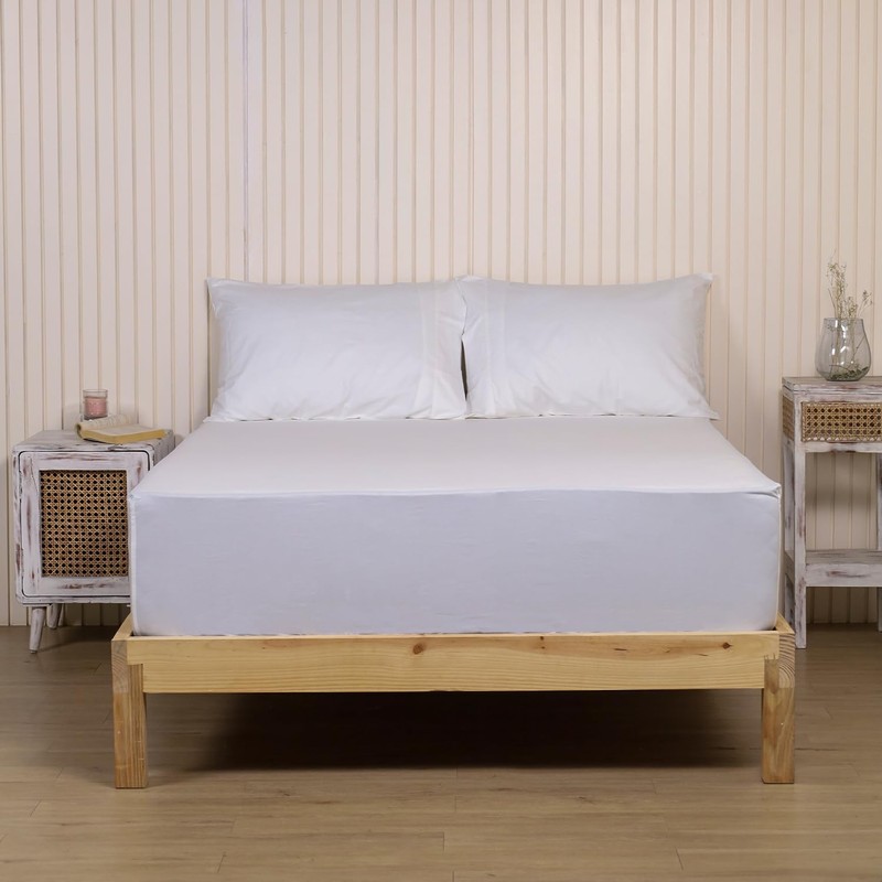 LINENWALAS 100% Cotton Percale White Double Size Fitted Sheet Only