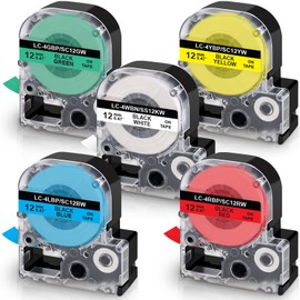 UniPlus 5x Compatible Label Tape Replacement for LC-4WBN9 LC-4LBP9 LC-4RBP9 LC-4YBW9 LC-4GBP9 Label Tape 12 mm x 8 m for LabelWorks LW-300 LW-400 LW-500 LW-600P LW-700 LW-900P, KingJim Tejim pra Pro