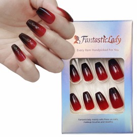 Fantasticlady ombre press on nails,press on nails coffin,red press on nails,black press on nails,press on nails medium,Glossy summer press on nails kit acrylic set for Women (24pce)