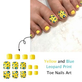 Yellow Press on Toenails Short Square False Toenails with Black Blue Leopard Design Solid Yellow Stick on Toenails Glossy Summer Glue on Toenails Full Cover Fake Toe Nails for Women Manicure 24Pcs