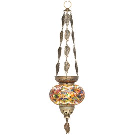 DEMMEX Turkish Moroccan Tiffany Mosaic Glass Hanging Candle Holder Decorative Lantern with Colorful Mosaic Glass Globe and Metal Leaf Chains, Handmade in Turkey, 24" H, Multicolor