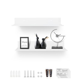 EXLECO 2 x 30cm Wandregal Matt Weiß Metall Duschregal ohne Bohren Duschablage Schweberegal Wand Regal zum Kleben Wandboard Hängeregal Bücherregal Ablage Bad für Wohnzimmer Schlafzimmer Flur