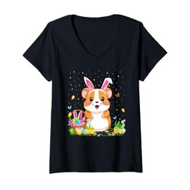 Womens Hamster Easter Egg Hunt Bunny Ear Hamster Happy Easter V-Neck T-Shirt