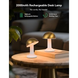 Tubicen Rotatable Mushroom Table Lamp Set of 2 Battery Rechargeable Cordless Portable Lamp 4-Level Touch LED Dimmable Sleep Night Light Brass Mushroom Desk Lamp for Kid Bedroom Dining Room