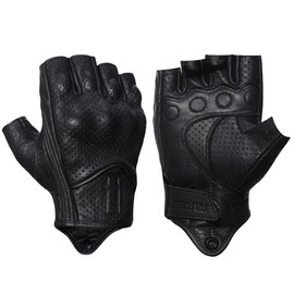 Harssidanzar Motorcycle Gloves for Men Goatskin Leather Perforated Motorbike Riding Driving Gloves CM044UK, Black, Size Small