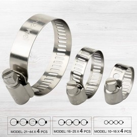 Hose Clips Jubilee Clips Adjustable Stainless Steel Hose Clamps Worm Drive Pipes Hose Clamps Clips,12 Pack (10-16 mm，16-25mm，21-44mm)