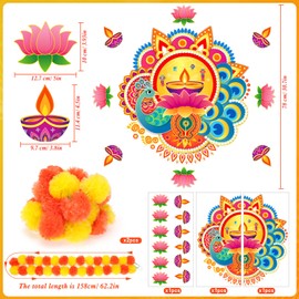 HOWAF Happy Diwali Decorations for House, Happy Diwali Stickers Diwali Rangoli Decorations Floor Stickers Diwali Diyas Indian Decorations with 2 Artificial Marigold Garland Marigold Flowers Garland