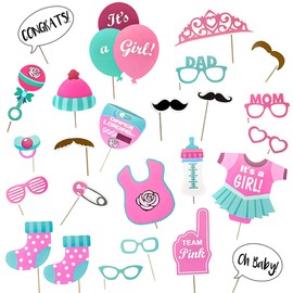 Jagowa 25 Pcs Baby Shower Photo Booth Props Birthday Party Decoration Set for Unisex Newborn Baby Boy Girl Diy Photobooth Props (Girl)