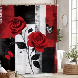 Miyotaa - Juego de cortinas de ducha abstractas de color negro y rojo rosa de 60 pulgadas de ancho x 71 pulgadas de alto, diseño minimalista de pinceles, para pintura, arte impermeable, con 12 ganchos