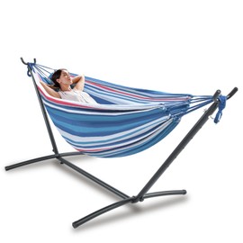 Double Hammock Comfortable with Stand for Hanging Sturdy 440lbs Capacity Hammock for Camping Outside Garden Outdoor Indoor Patio Backyard, Blue