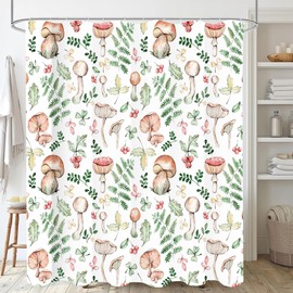 BIVINAR Mushroom and Fern Leaves Shower Curtain, Waterproof Fabric Cute Plant Botanical Bathroom Shower Curtain, 72 x 72 Inch