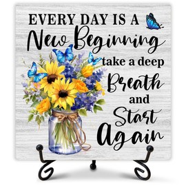 Rustic Farmhouse Decor, Every Day is a New Beginning Wooden Sign, Home Office Decor, Inspirational Gifts for Women Men, Family Friends Colleagues, Shelf Desk, Classroom Decorations, 5" x 5"-169