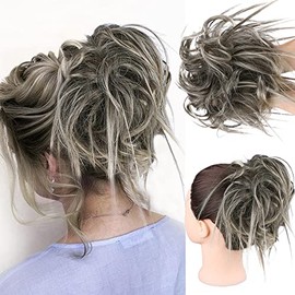HMD Tousled Updo Messy Bun Hair Piece Hair Extension Ponytail With Elastic Rubber Band Updo Extensions Hairpiece Synthetic Hair Extensions Scrunchies Ponytail Hairpieces for Women(Tousled Updo Bun, Ash Blonde Mix Dark Brown)