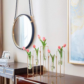Jarrones de flores con bisagras, tubo de ensayo, florero con 5 tubos de ensayo, marco de metal dorado que se puede doblar y contornear, estación de propagación para plantas, tubos de Ensayo para decoración del hogar, boda, balcón