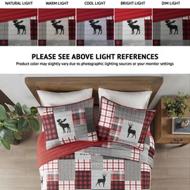 Woolrich Reversible Quilt Set - Cottage Styling Reversed to Solid Color, All Season Lightweight Coverlet, Cozy Bedding Layer, Matching Shams, Oversized Full/Queen, Woodshed Moose Red