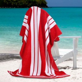 Superior Oversized Cotton Beach Towel Set of 2, Absorbent Towels for Bathroom, Beach, Pool, Swim, Adults, Kids, Vacation, Travel, Bath Sheet, Quick Dry Basics, Trip Essentials, Striped Decor, Red