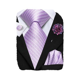 Hi-Tie Mens Lavender Tie Set Silk Striped Woven Necktie with Lapel Pin Pocket Square Cufflinks Set for Wedding Party