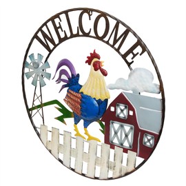 Alpine Corporation SCC578L Large Round Rooster and Farm Welcome Wall Decor, Sign for Entryway & Walkway, 30" H, Multicolor