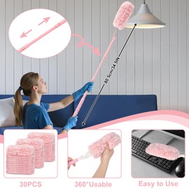 30 PCS Dust Magnet Disposable Dust 360° Pink Dusting Kit Long Handle Short Handle for Household Cleaning Doors Windows Wardrobes Pendant Lights Ceiling Fan