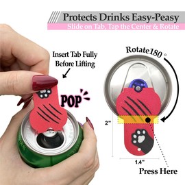 CTabPals New Improved Soda Can Opener Can Cover for Soda Easy Tab Opener and Drink Protector Cute Beverage Barricade for Coke Shields from Bugs,Bees,Flies,Dust at Party,BBQ, Beach(Cat Paw Red)