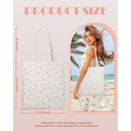 STUOYE Canvas Tote Bag for Women Cute Cotton Tote Bags Floral Travel Beach Bag Reusable Grocery Bags Cloth Shoulder Handbags, 5- Lace Pink Flower, Medium