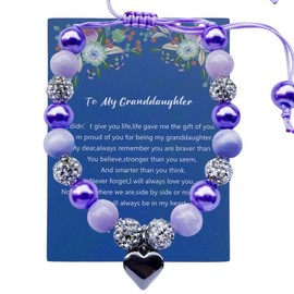 DOLON Purple Beaded Rhinestone Heart Charm Granddaugther Bracelet Adjustable Jewelry Back to School Birthday Christmas Holiday Gift
