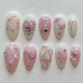 Medium Press on Nails for Women Girls Pink Almond Fake Nails with 3D Heart Pearl Rhinestones Designs White Gradient Bow Silver Star Stick on Nails Flower Charm Full Cover Glue on Nails 24 Pcs