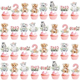48 Pcs Animal Party Cupcake Toppers for Jungle Safari Two Wild 2st Birthday Party Decorations