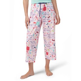 HUE Women's Summer Vacation Pajama Separates, Soft, Whimsical Print PJs with Tropical Themes, Flip Flops, Cocktails, Pink A Boo Beach Day Dream-Sleep Capri Pants, Small