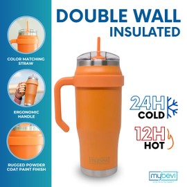 MyBevi Outlander Premium Stainless Steel Travel Mug - Hot and Cold, 3-Layer Insulation, Sturdy Handle - Durable & Stylish On-the-Go Companion - 32 Oz | Orange