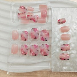 BDRUIXING Square Press on Nails Short French Pink Marble Design Reusable Acrylic Full Cover Ombre Stick on for Women Manicure 24 Pcs