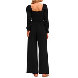 KIRUNDO Women's 2024 Fall Long Sleeve Jumpsuits Casual Dressy One Piece Loose Smocked Wide Leg Pants Romper With Pockets (Black, Large)
