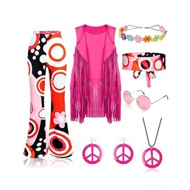 Bleoavre 8 Pcs 60s 70s Outfits for Women Disco Hippie Costume Set Fringe Vest Boho Flared Pants Peace Sign Earring Headband (US, Alpha, Small, Regular, Regular, Pink)