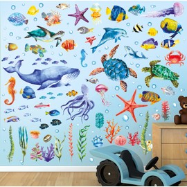 BASHOM DS12-8048 Under the Sea Wall Sticker Fish Ocean Fish Seaweed Wall Sticker Removable for Children Nursery Baby Room Bedroom Living Room Bathroom Wall Decoration