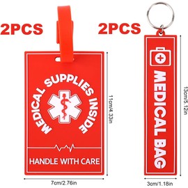 4pzs Etiquetas Alerta Médica para Bolsa, 2 Estilos Etiqueta Equipaje Dispositivos Médicos con Correas Tarjetas Información & Llavero para Equipo Profesional Maletas Viaje Mochila