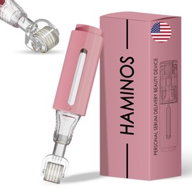 HAMINOS Derma roller 0.25 mm with Reservoir for Lips, Skin, Hair + STEP BY STEP GUIDE, Effect Enhancer x3, 140 Titanium Needles (pink) WITHOUT SERUM