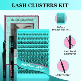 Lash Clusters Kit 200PCS 50D Eyelash Extension Kit D Curl Wispy DIY Natural Individual Lashes Kit with Lash Bond and Remover Eyelash Tweezer at Home