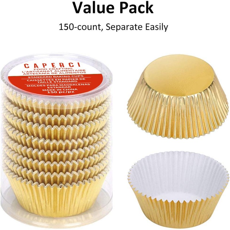 Caperci Standard Cupcake Liners Gold Foil Muffin Baking Cups 150-Pack