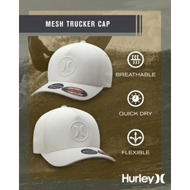 Hurley Mens Trucker Hat - Moisture Wicking and Quick Dry Ball Cap, Curved Brim Mesh Back Fitted Baseball Cap for Men, Size Small/Medium, Light Bone