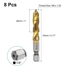 sourcing map 8pcs Combination Drill and Tap Bits Metric M8 x 1.25 Thread 1/4" Hex Shank Titanium Coated Threading Screw Taps 4341 High Speed Steel Machine Drilling Tapping Tool Kit